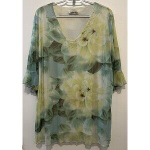 Caran New York 3X Sheer Floral Tunic Top Embellished V Neck Green Yellow